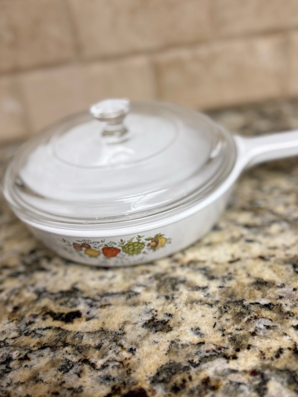 Corningware White Covered Skillet with Fruit Motif